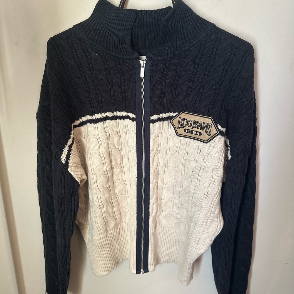 BDG Two-Tone navy and Cream Cable Knit Zip Sweater